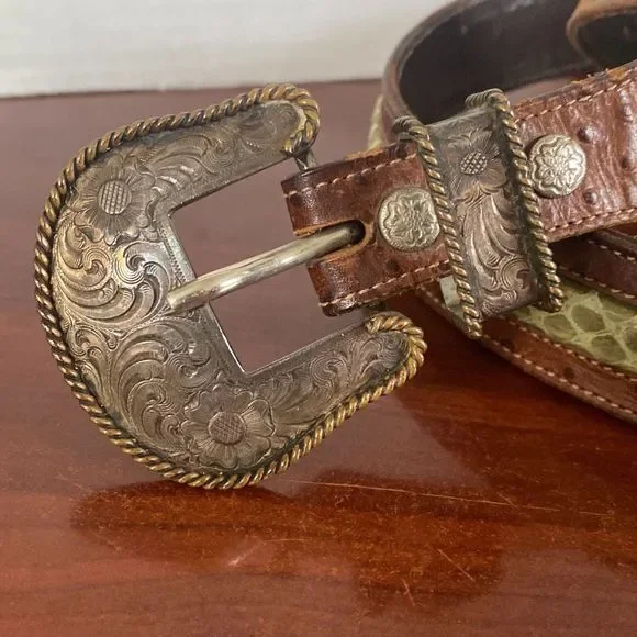 Wage Sterling Silver Overlay Buckle & Ostrich Snakeskin Belt 